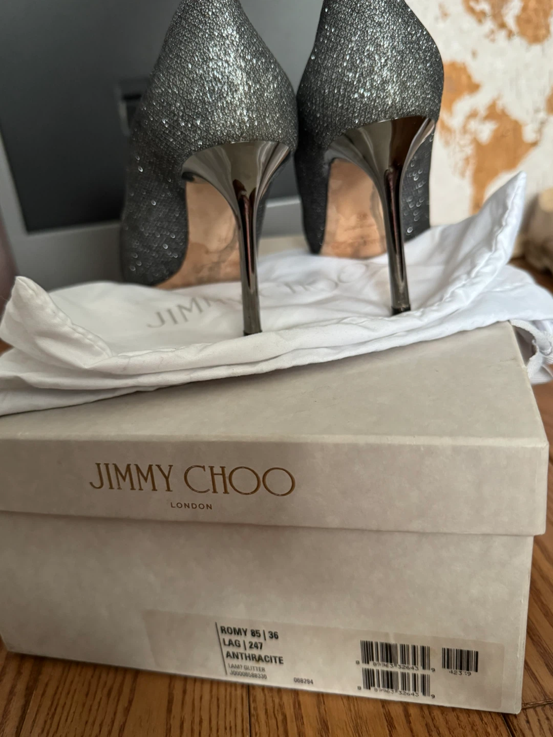 Jimmy Choo Romy 85 Heels Size 36 Anthracite Glitter Lamé Glitter - photo 3