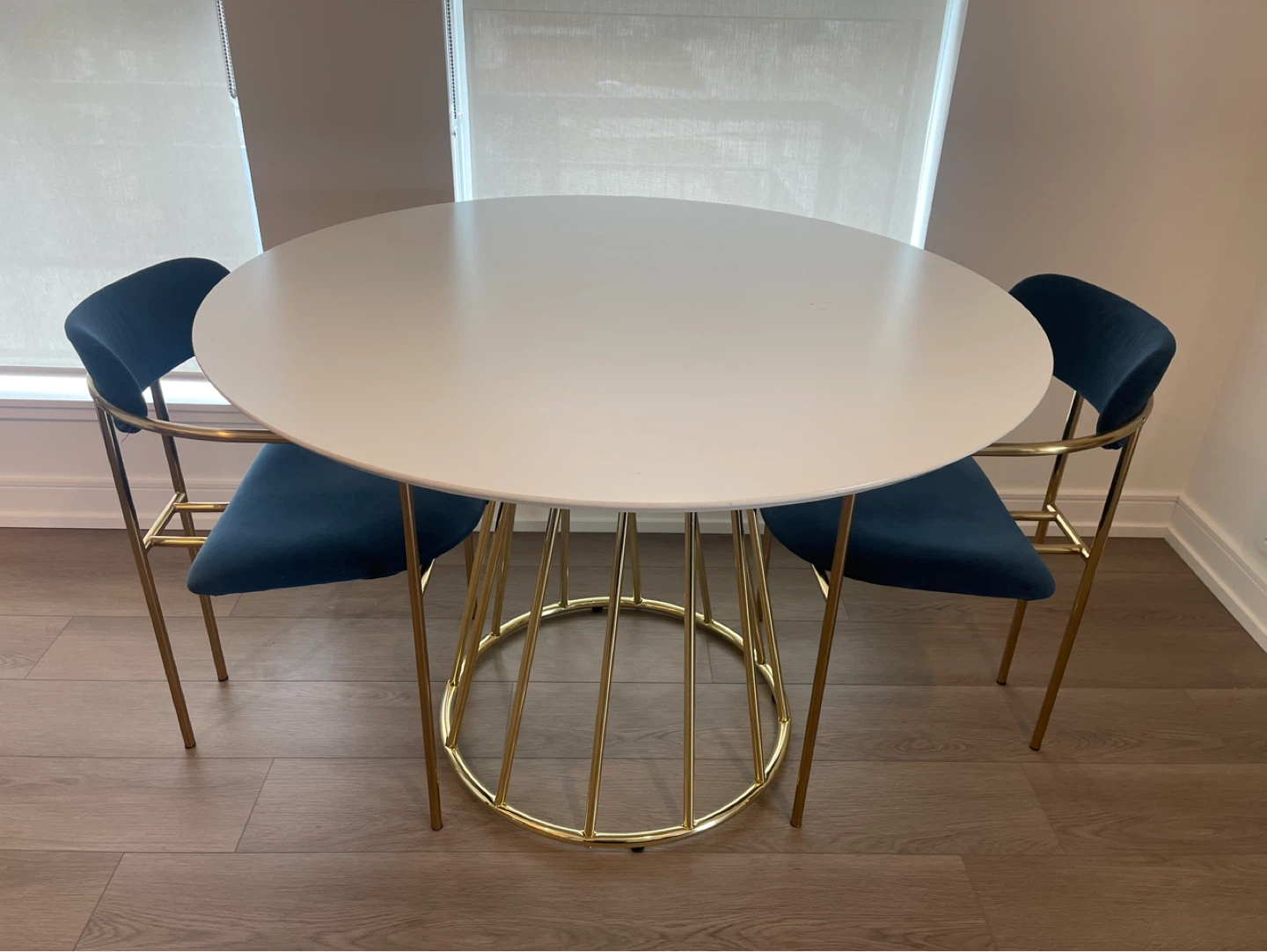 Round Dining Table with 2 Blue Velvet Chairs