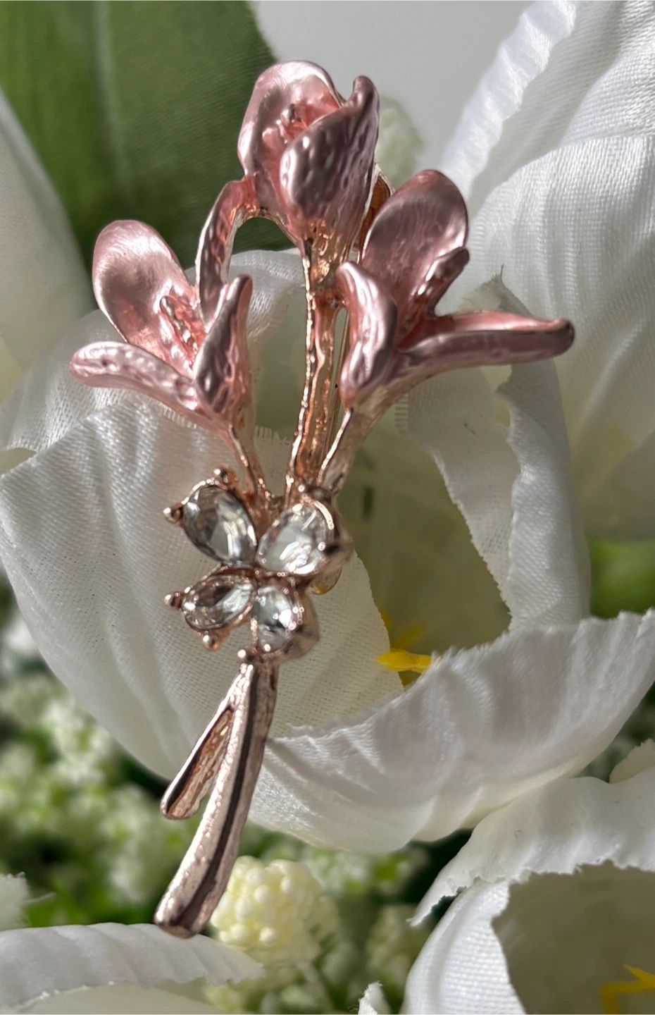 Pretty Rose Gold Flower Brooch with Clear Gems