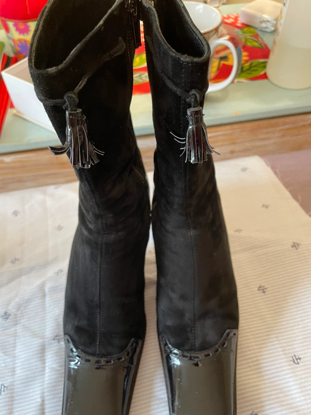 Black Suede and Patent Leather Heeled Boots - Size 37 - photo 2