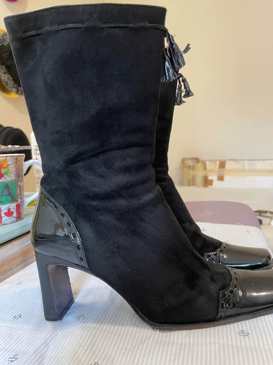 Black Suede and Patent Leather Heeled Boots - Size 37