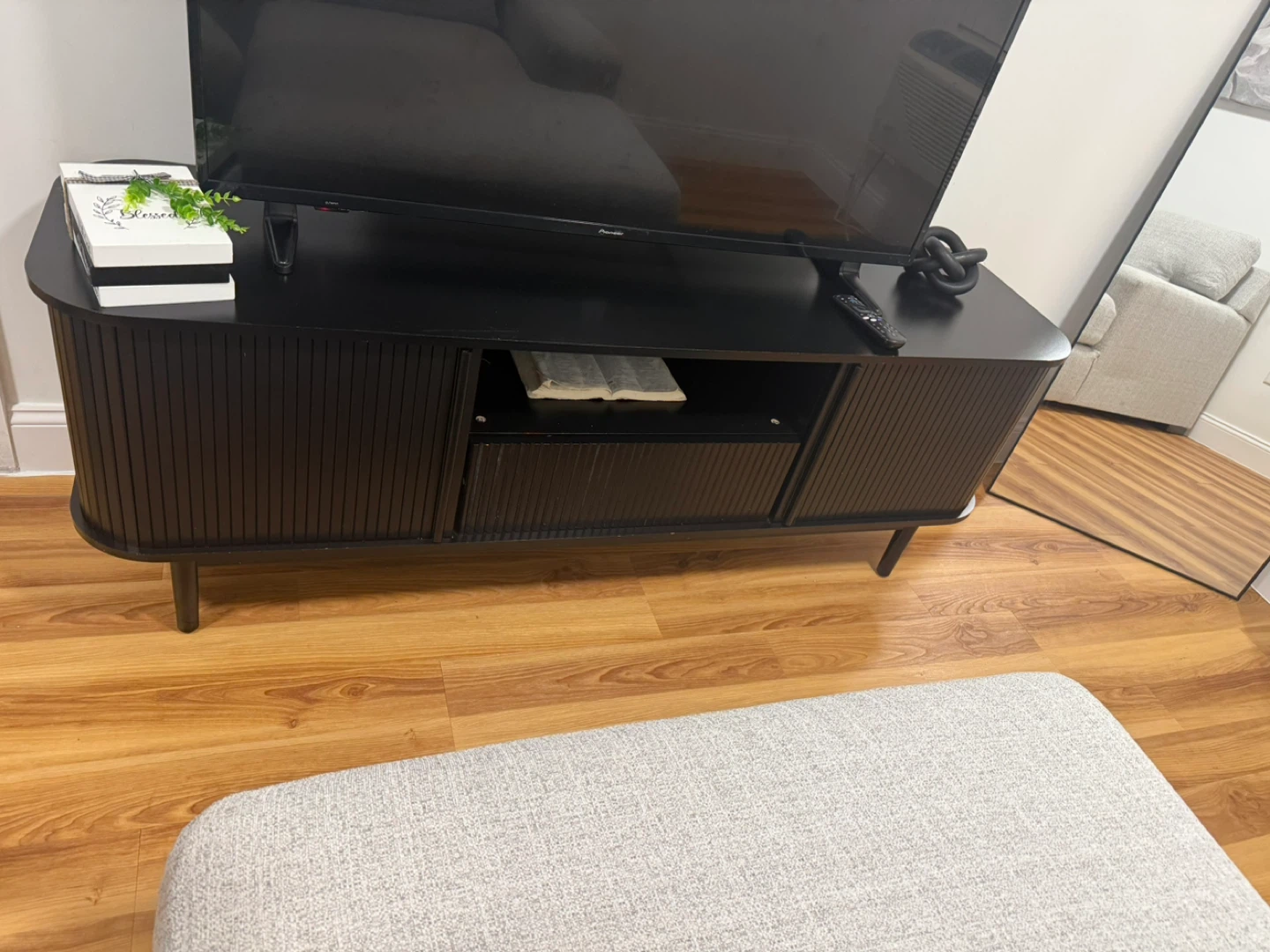 Modern Black Media Console with Slatted Doors - photo 3