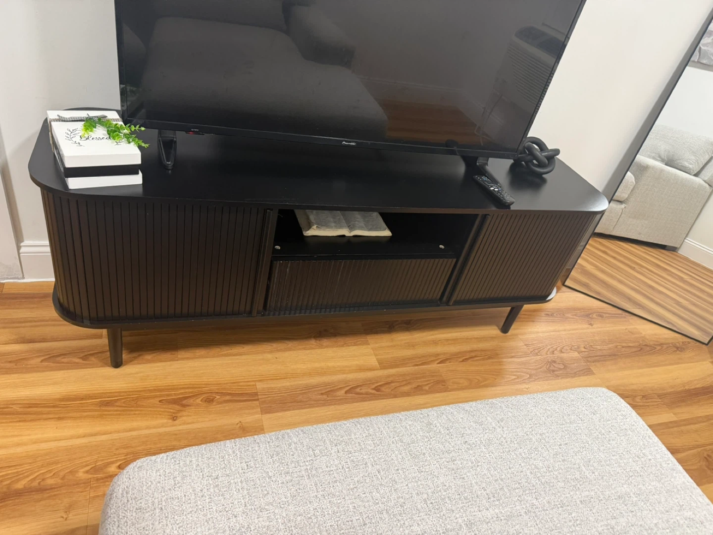 Modern Black Media Console with Slatted Doors - photo 2
