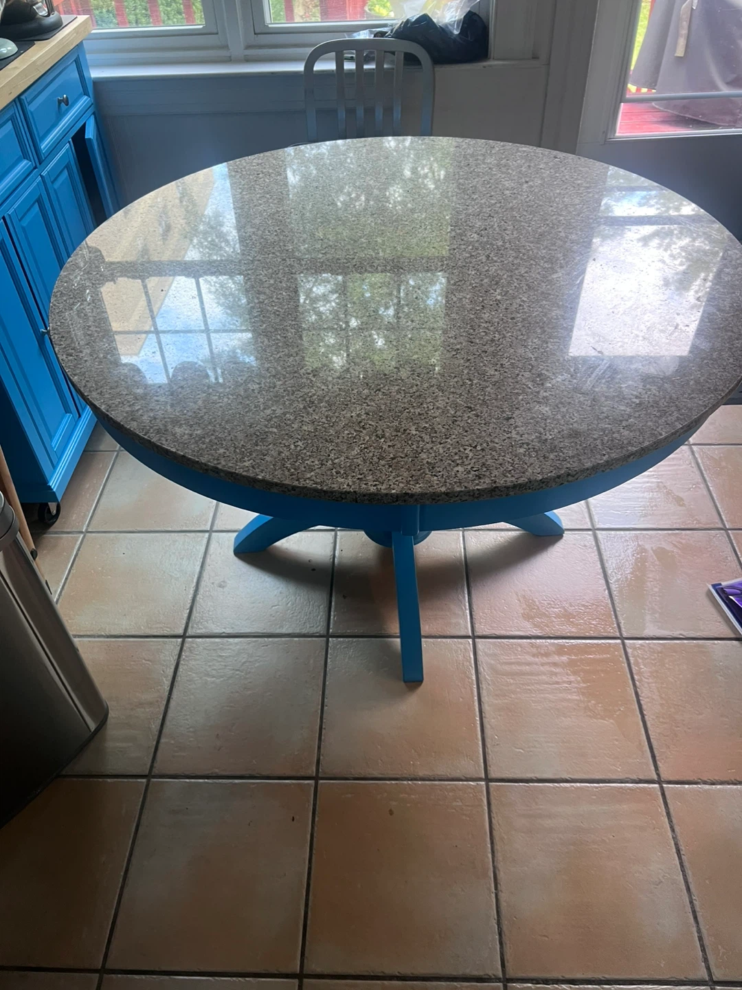 Round Granite Top Dining Table with Blue Base