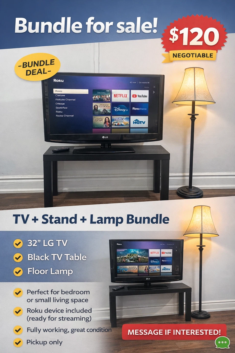 LG 32" TV, Table, and Floor Lamp Bundle