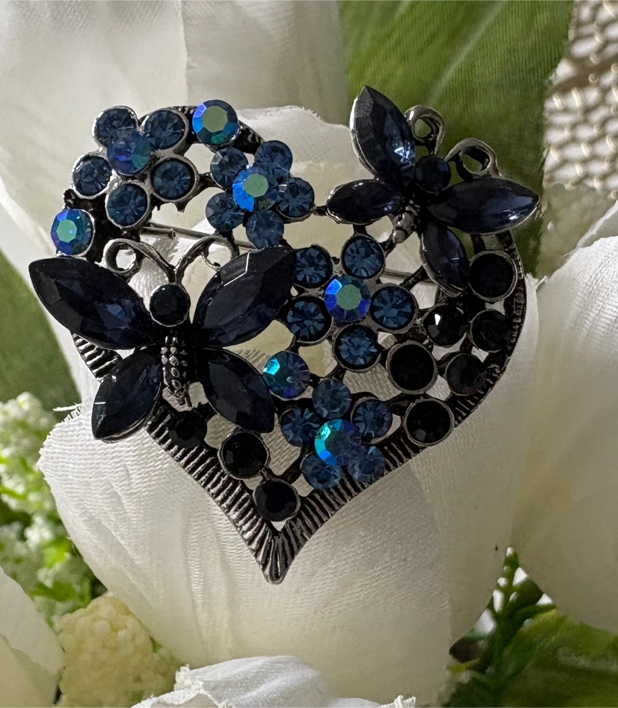 Heart Shaped Brooch with Blue Rhinestones & Butterflies