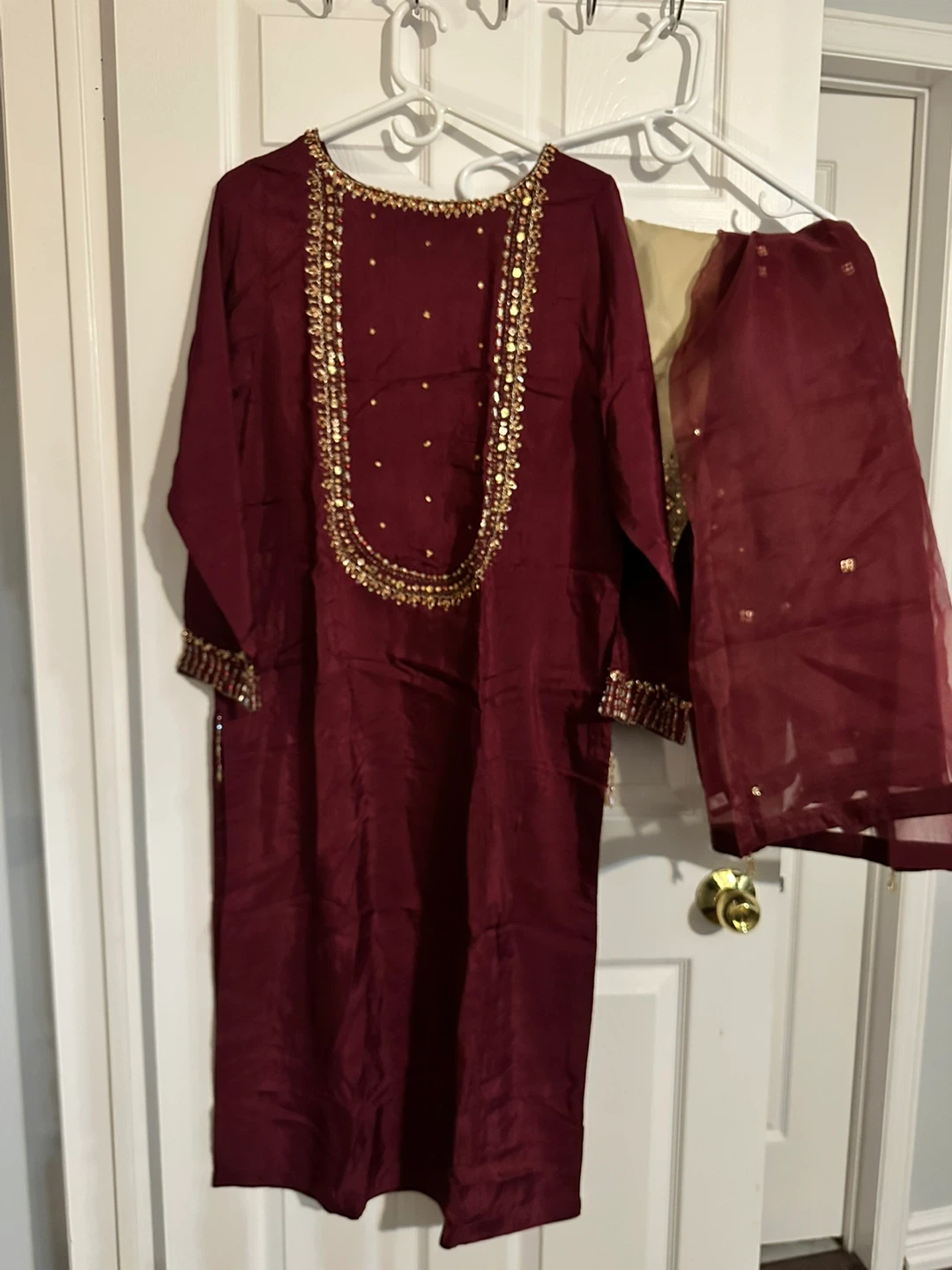Maroon Embroidered Kurti with Pants and Dupatta