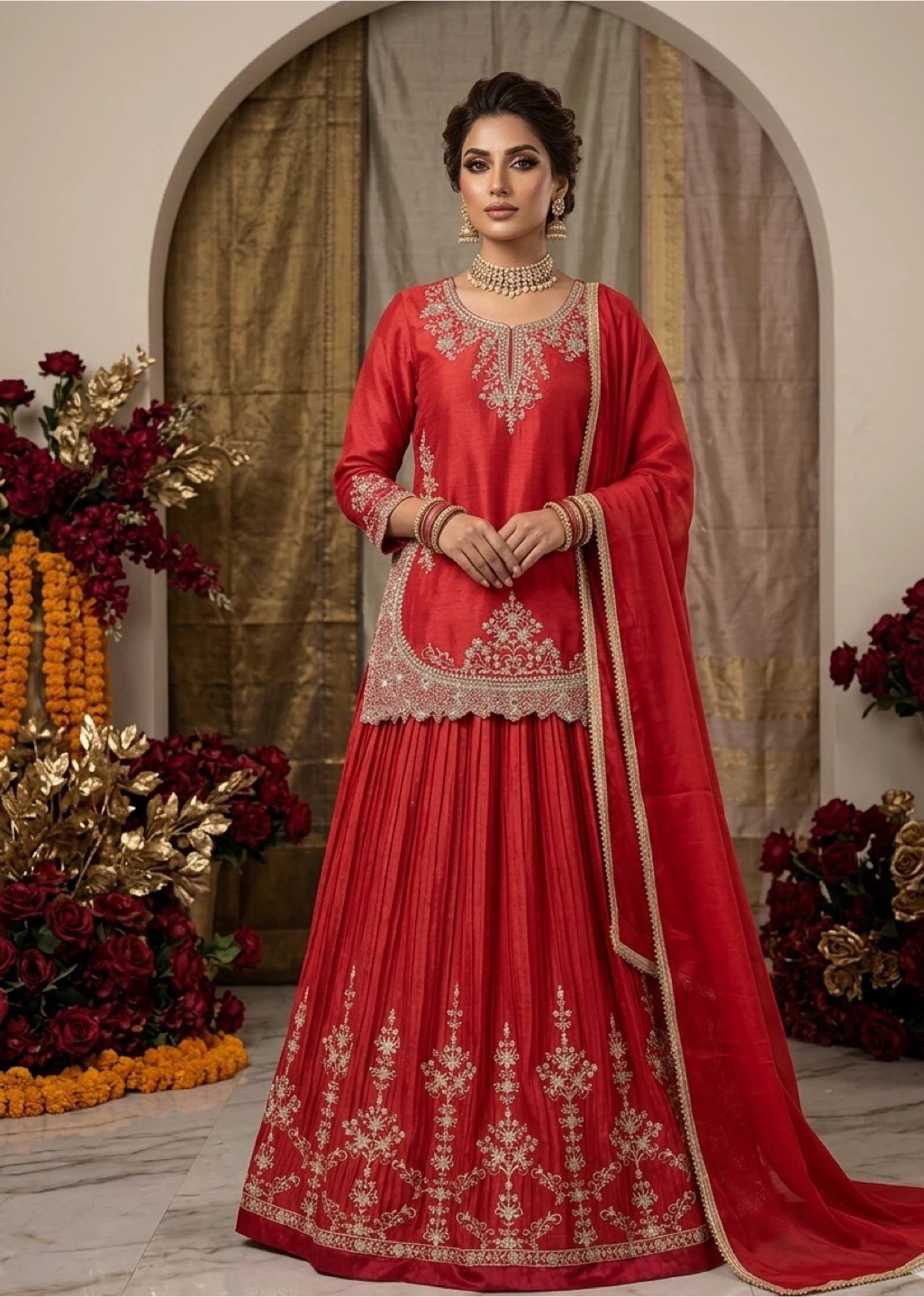 Red Embroidered Lehenga Choli with Dupatta