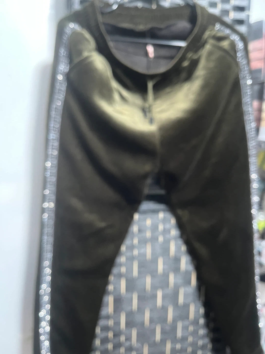 Olive Green Velour Track Pants with Rhinestone Side Stripe