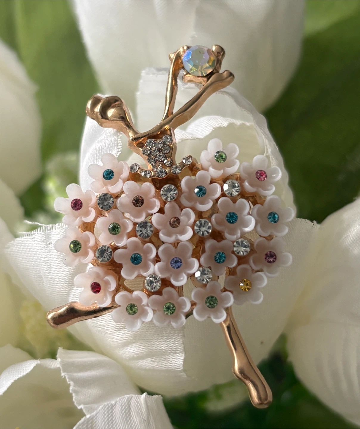 Beautiful Ballerina Brooch with Flowers and Rhinestones