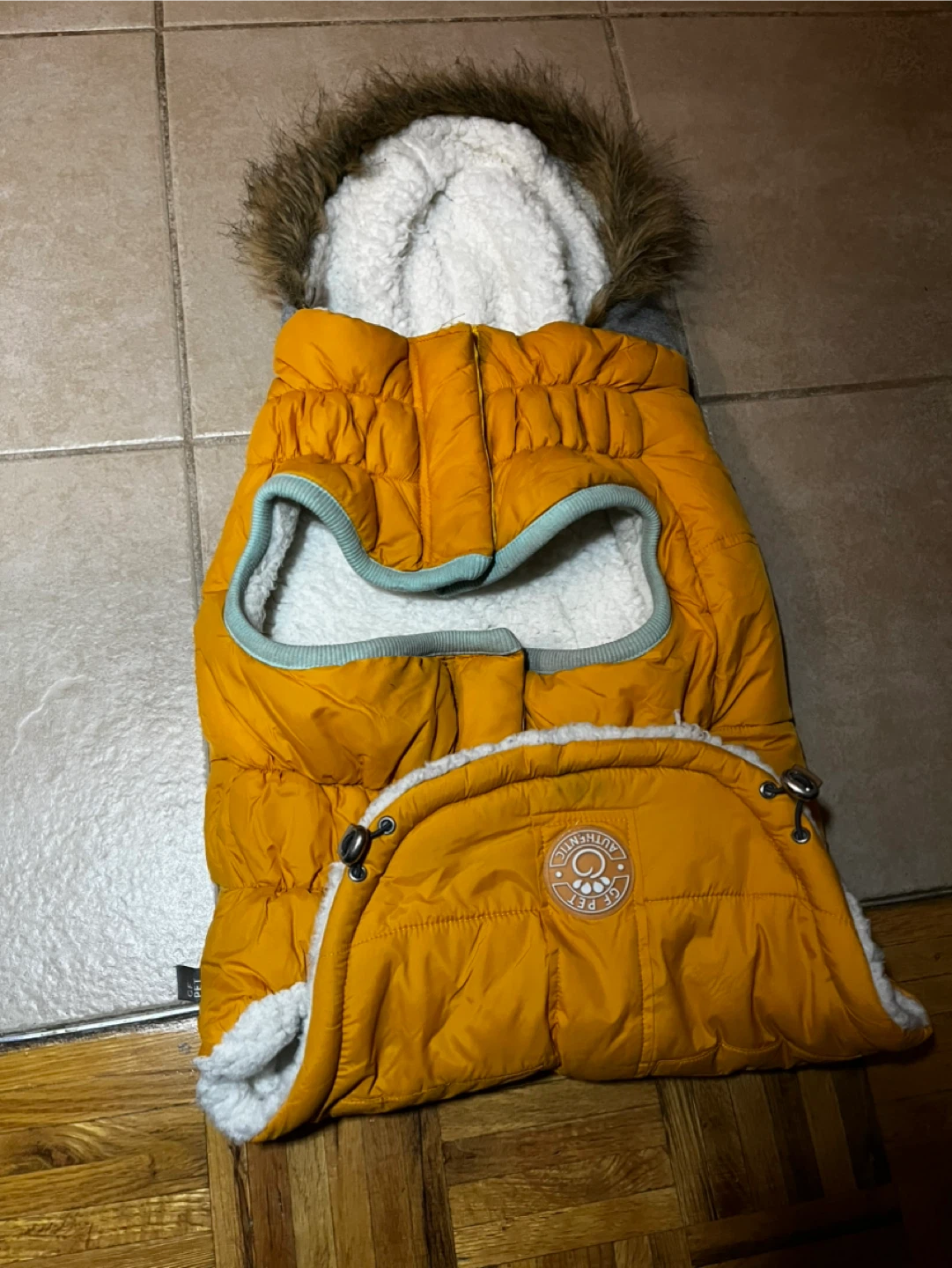 🥕GF Pet Yellow Dog Puffer Vest with Sherpa Lining and Fur Hood
