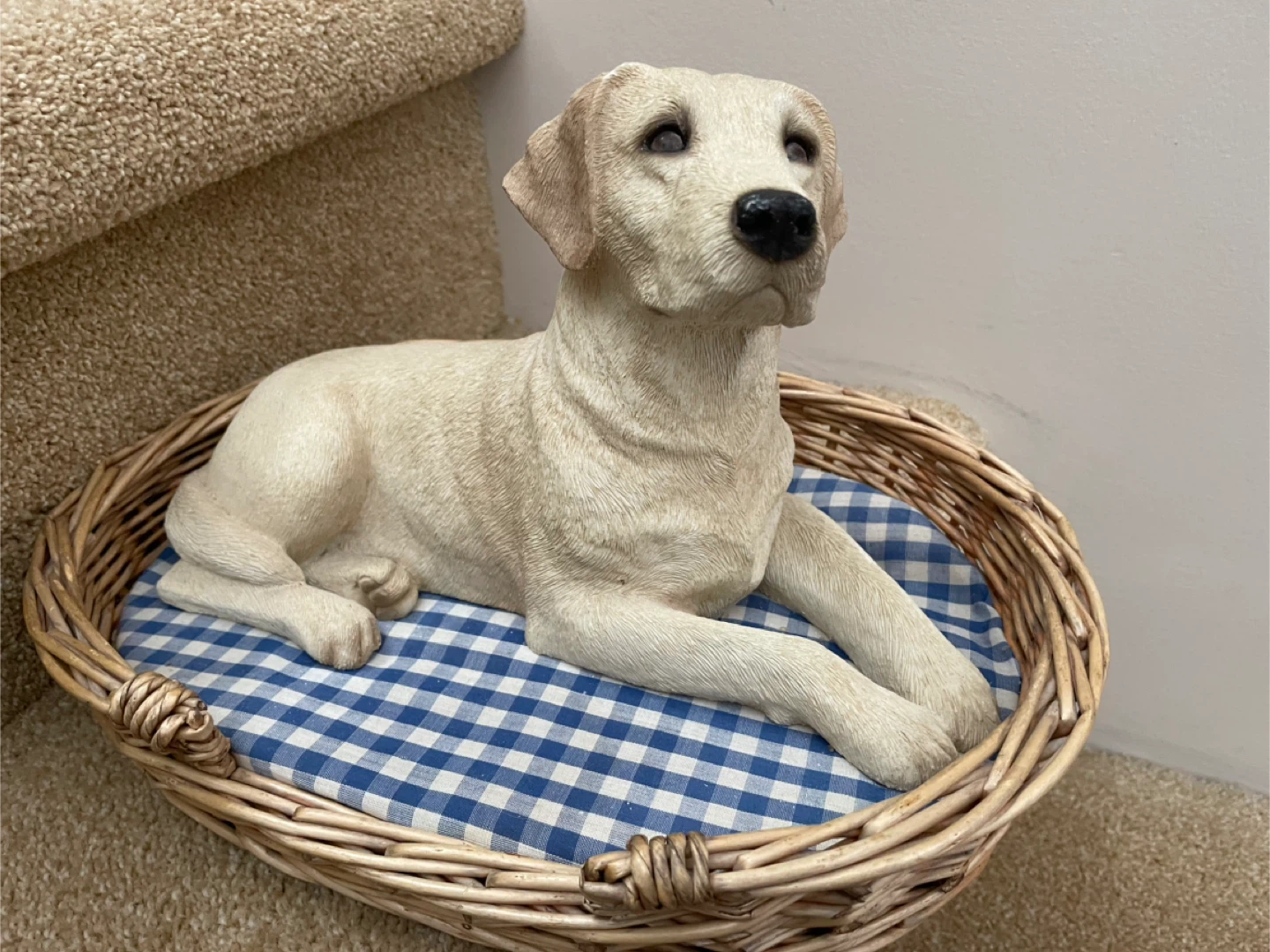 Resin Labrador Dog Figurine in Wicker Basket