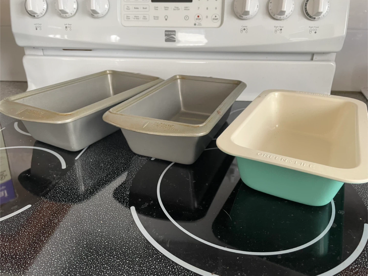 3 Loaf Pans - 2 Grey Metal, 1 GreenLife Cream