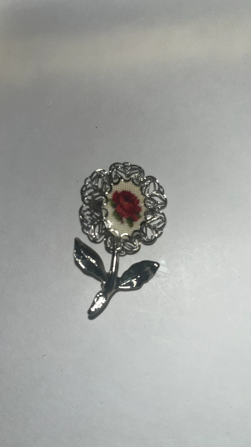 Flower Brooch with Red Rose Embroidery