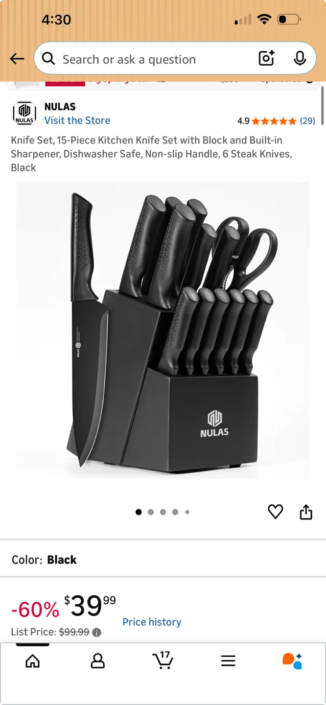 NULAS 15-Piece Kitchen Knife Set with Block - Black