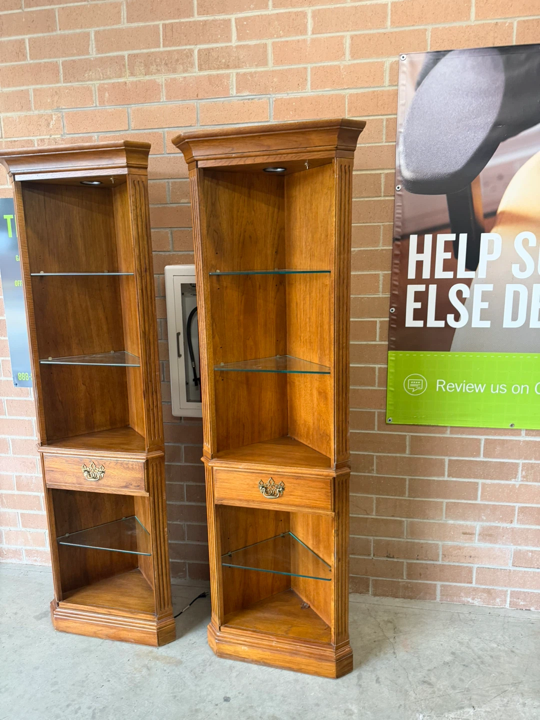 Two Wooden Corner Display Cabinets with Glass Shelves - photo 2