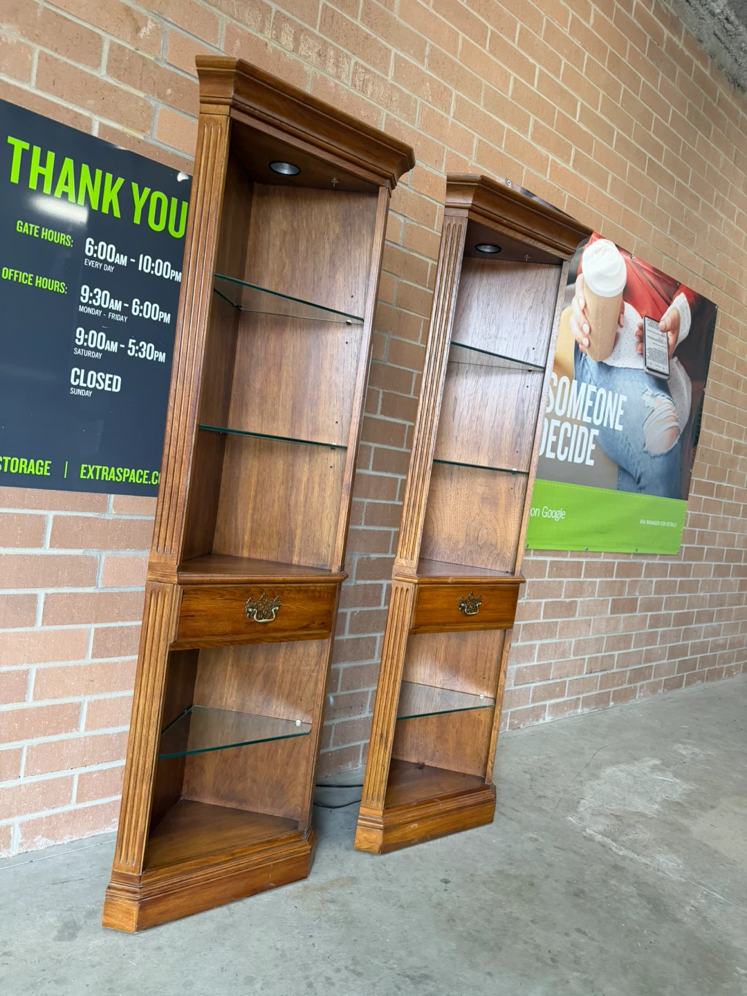 Two Wooden Corner Display Cabinets with Glass Shelves - photo 3