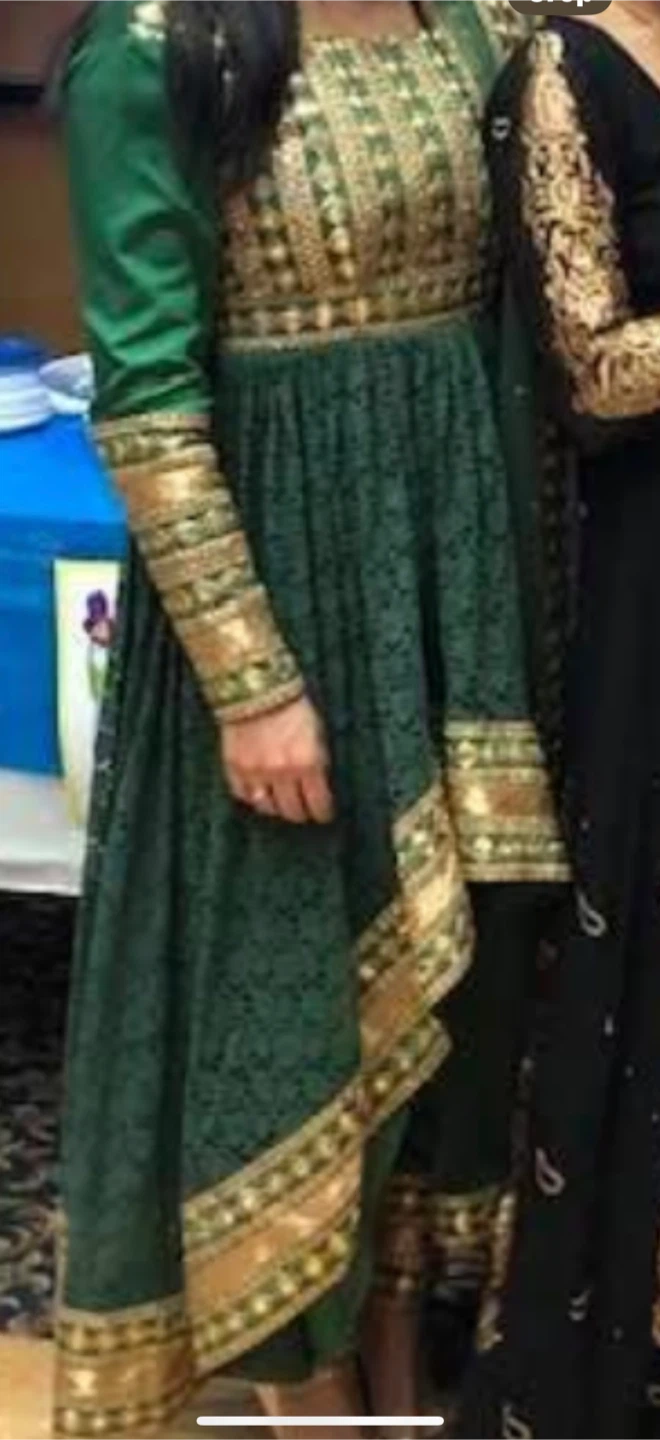 Green Embroidered Anarkali Dress with Gold Trim - photo 2