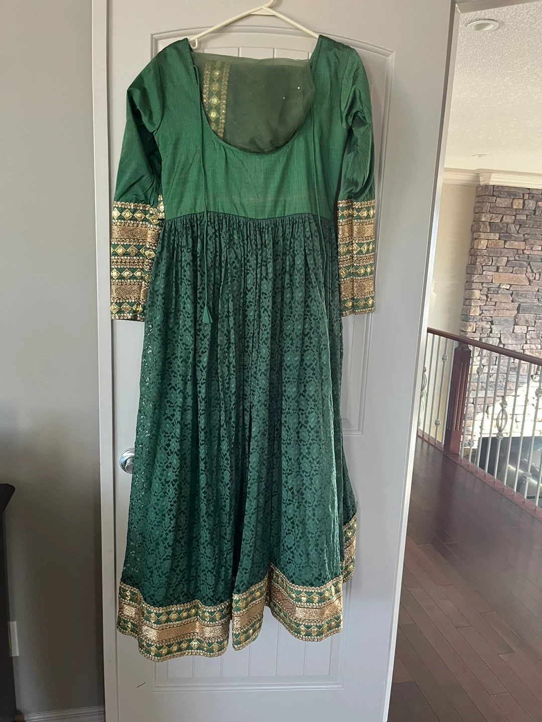 Green Embroidered Anarkali Dress with Gold Trim - photo 3
