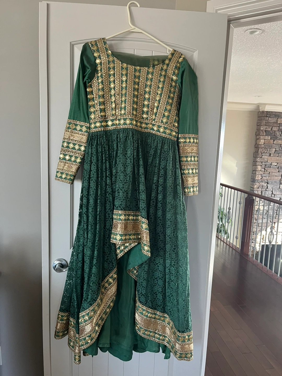 Green Embroidered Anarkali Dress with Gold Trim