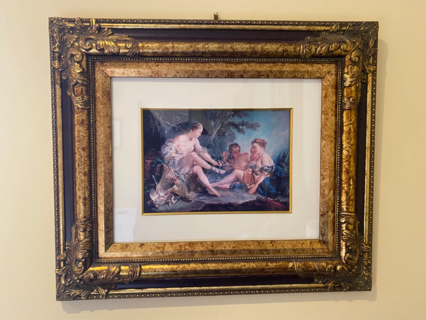 Glass covered Ornate Gold Framed Art Print of Rococo Scene