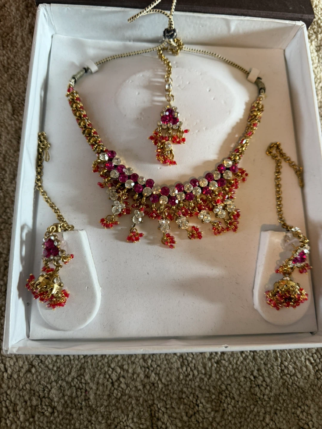 Gold Tone Indian Jewelry Set with Red and Clear Stones - photo 2