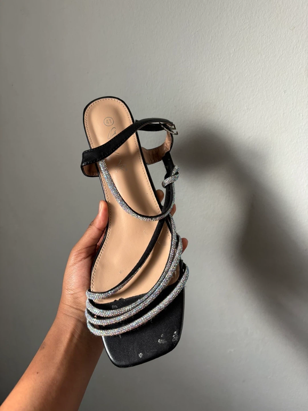 Women's Black Rhinestone Strappy Sandals Size 41