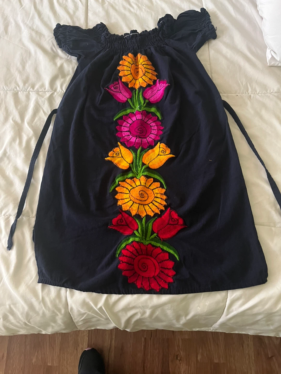 Embroidered Navy Blue Off-the-Shoulder Dress