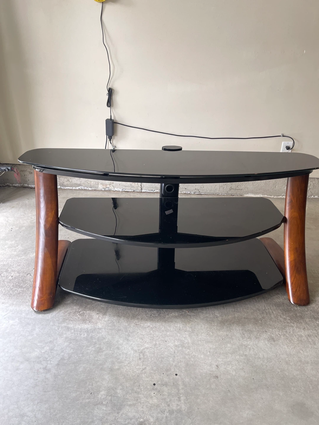 3-Tier Black Glass TV Stand with Wood Accents