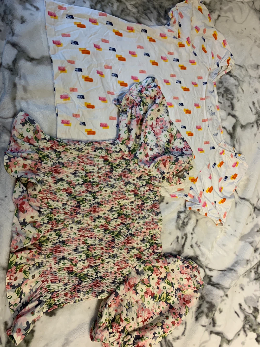 Cleo Petites Tops (2) - White with Floral and Stripe Prints