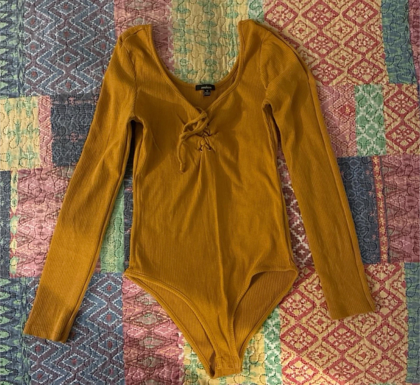 Mustard Ribbed Lace-Up Bodysuit - Size M