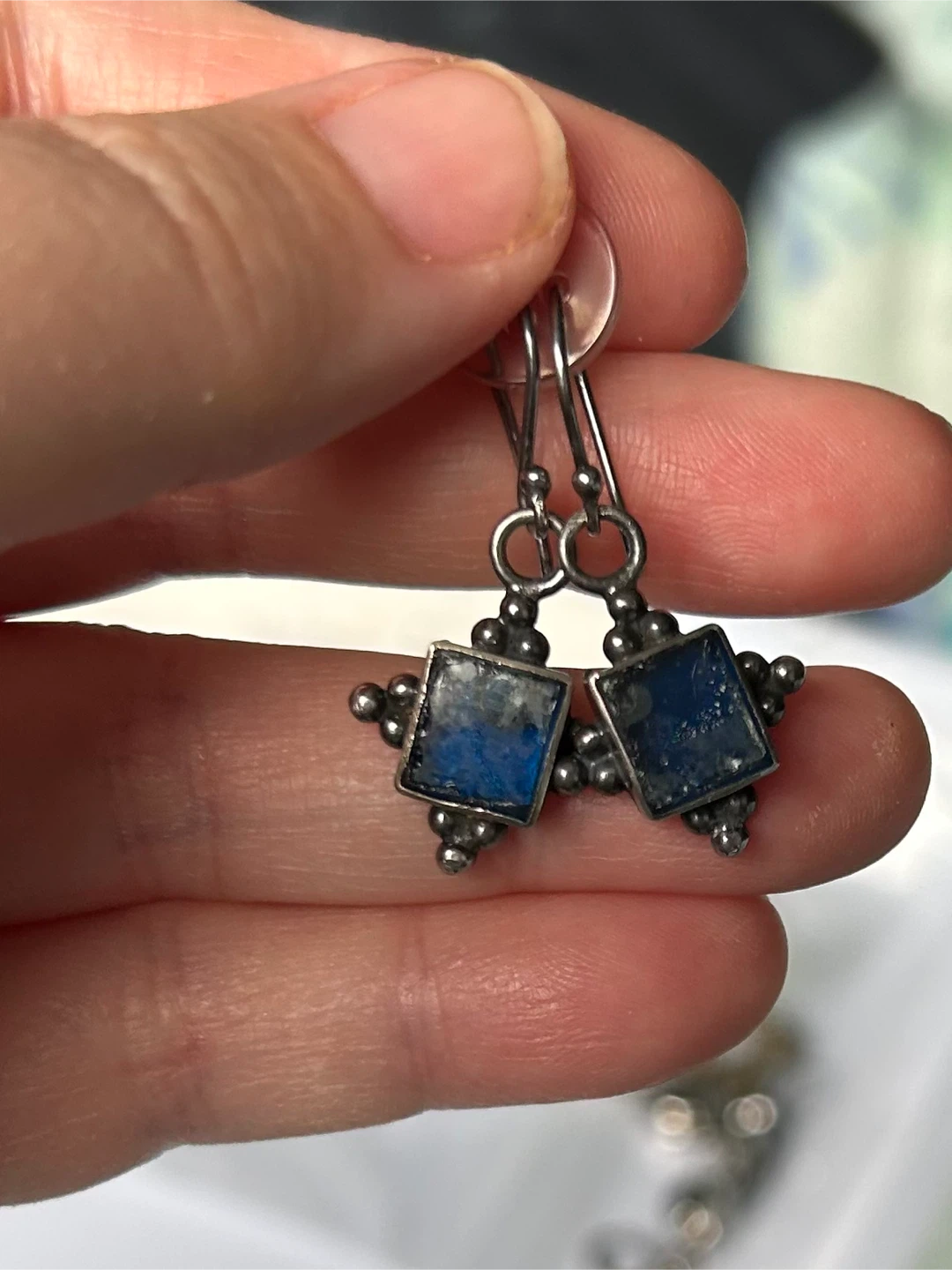 Square Blue Stone Dangle Earrings