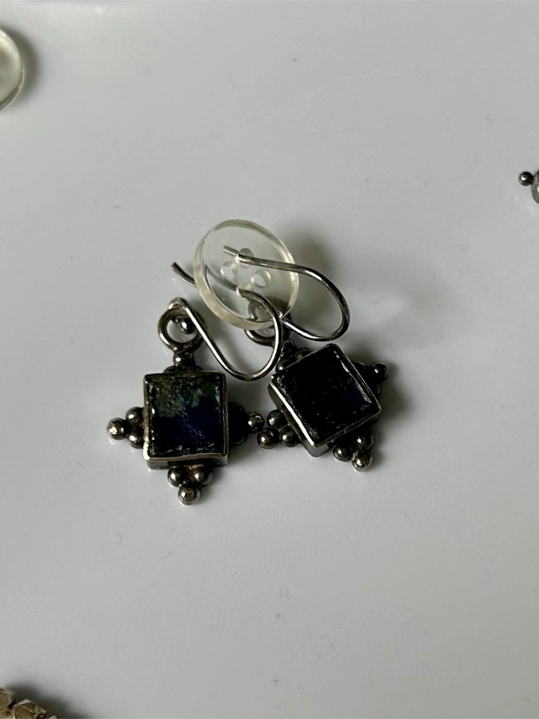 Square Blue Stone Dangle Earrings - photo 2