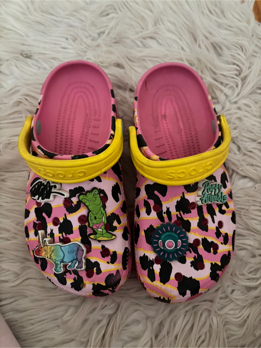 Pink Leopard Print Crocs with Charms