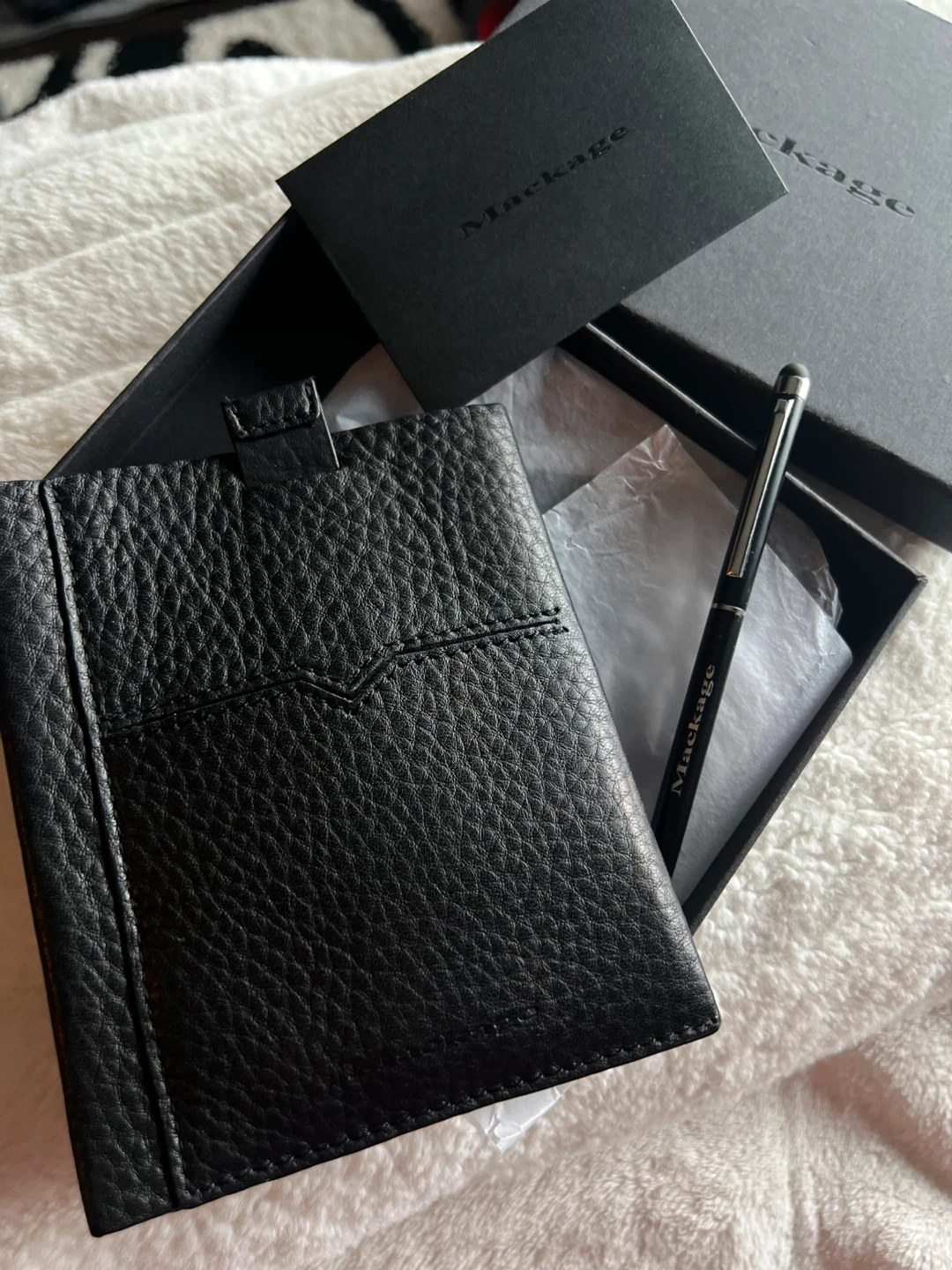Mackage Black Leather Card Holder / Passport Holder with Pen