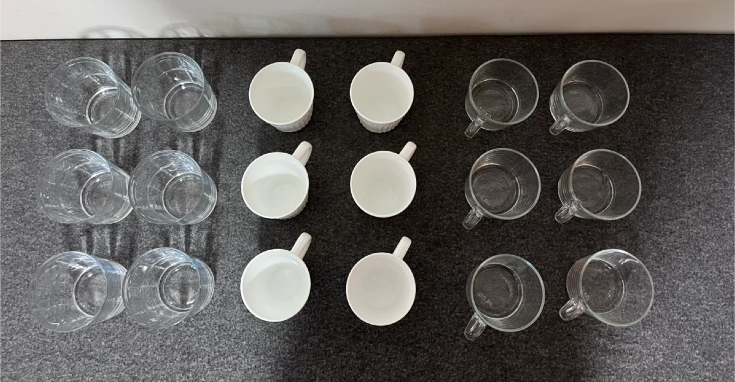 Set of 18 Glass and White Ceramic Mugs and Tumblers