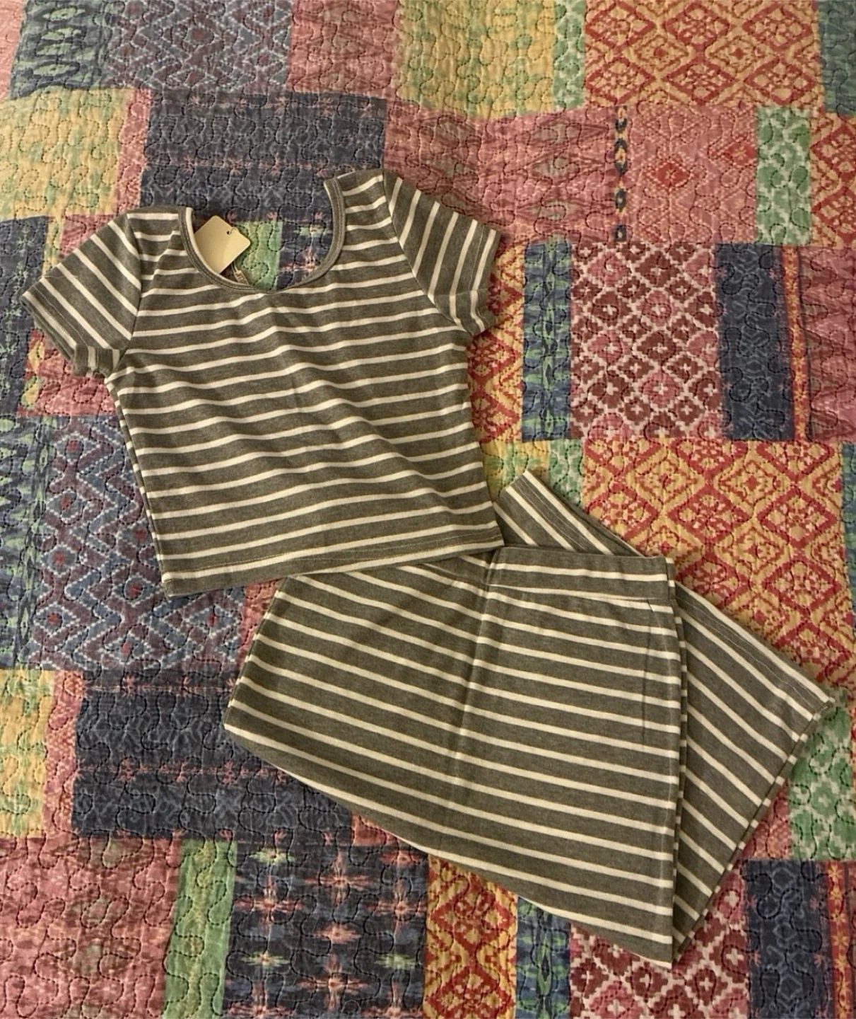 Gray and White Striped T-Shirt and Skirt Set