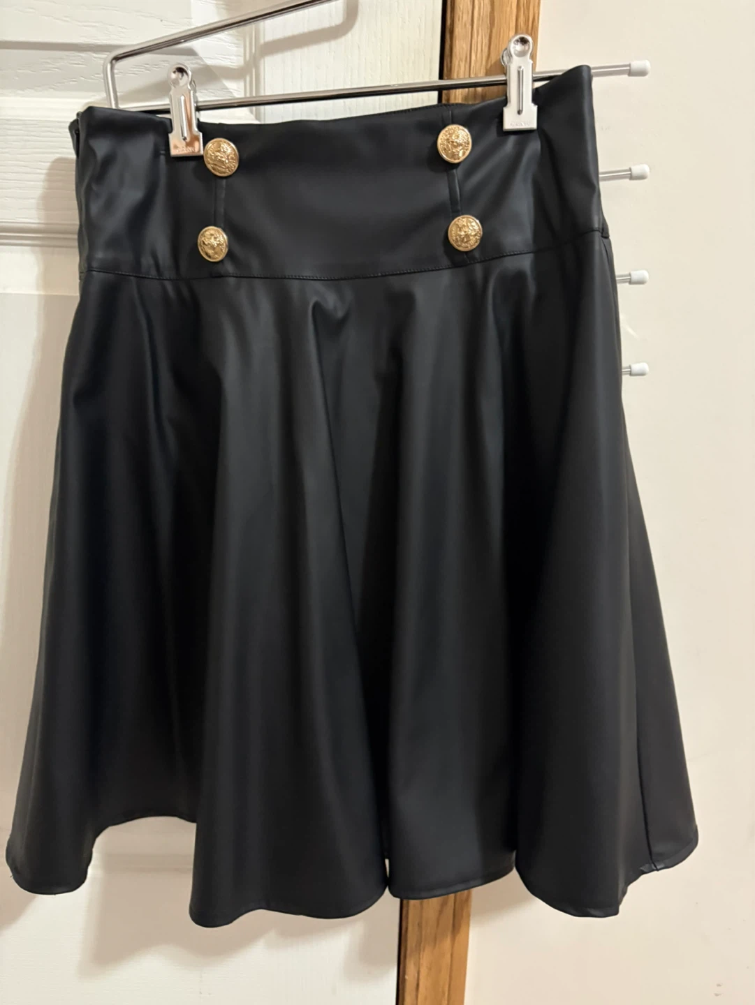 Black Faux Leather Skirt with Gold Buttons