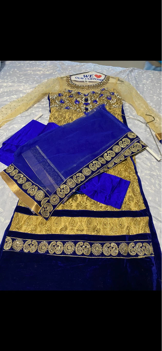 Gold and Blue Embroidered Shalwar Kameez Dupatta Set