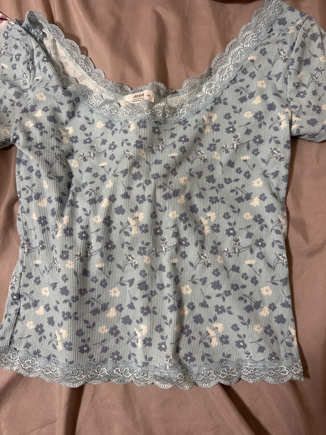 Ardene Floral Ribbed Lace Trim Top