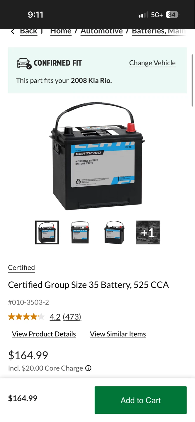 Certified Group Size 35 Automotive Battery, 525 CCA