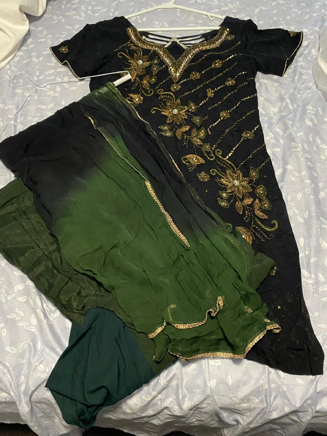 Embellished Black and Green Salwar Kameez with Dupatta