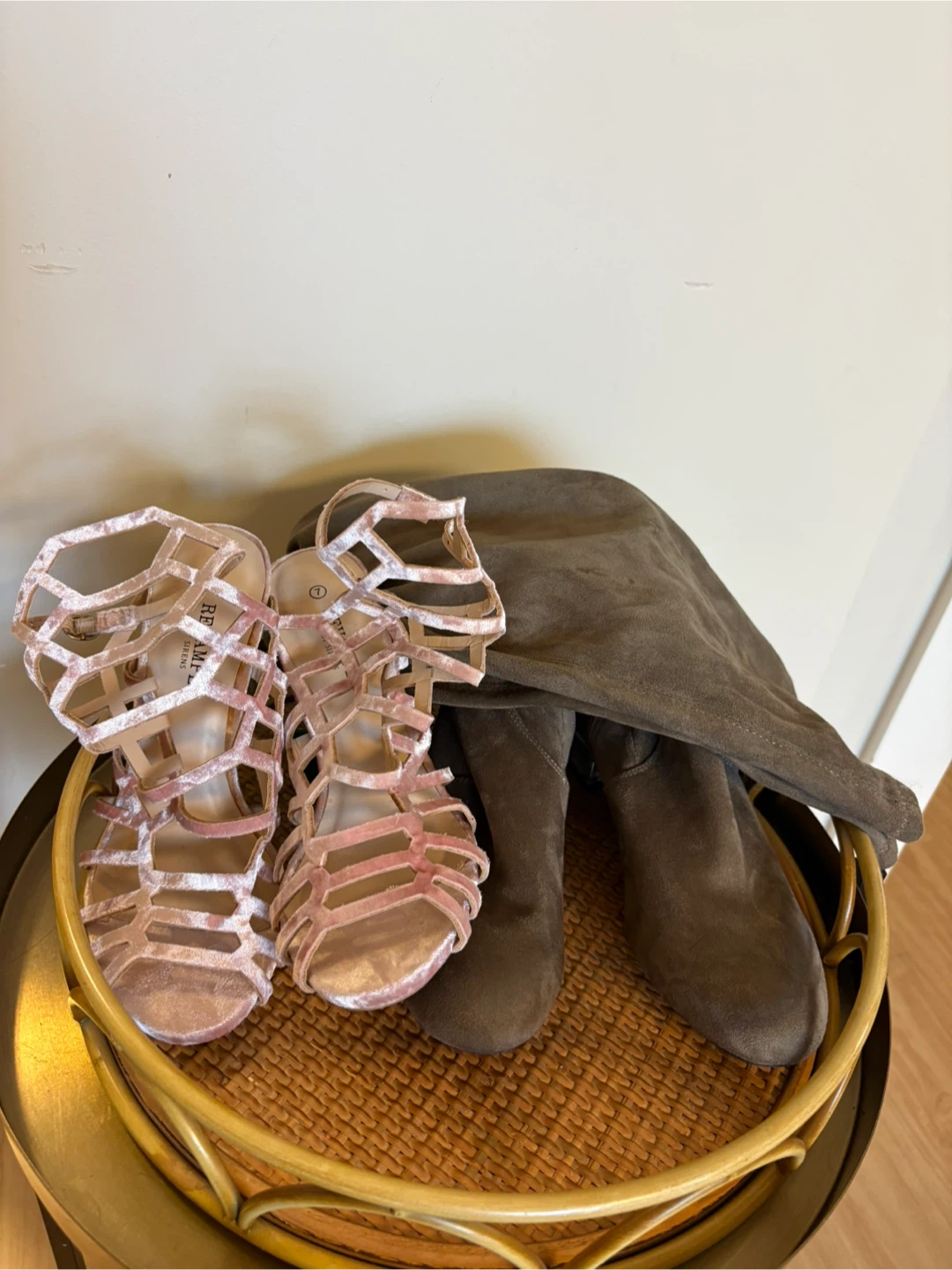 Pink Velvet Strappy Heels & Brown Suede Boots Size 7
