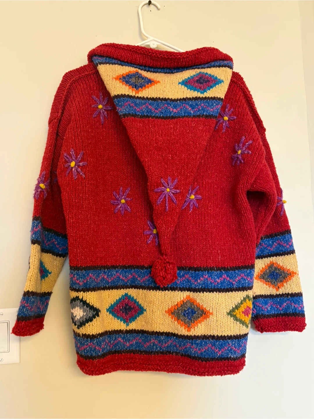 Hand-Knitted Red Wool Hooded Sweater with Pom-Poms