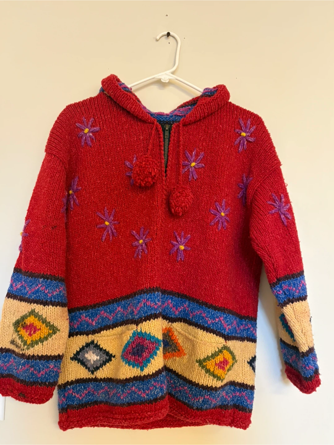 Hand-Knitted Red Wool Hooded Sweater with Pom-Poms - photo 2