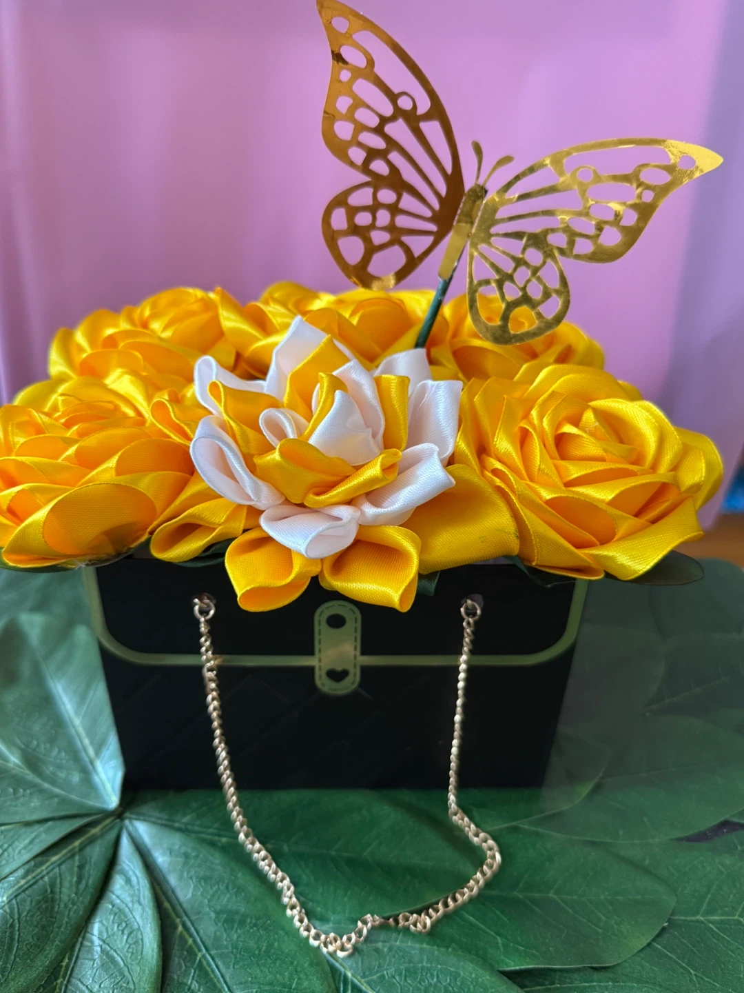 Yellow Rose Ribbon Flower Arrangement with Butterfly - photo 2