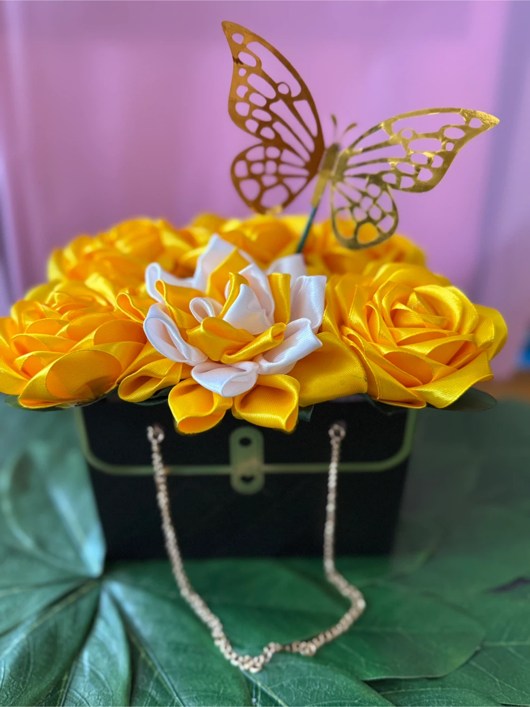 Yellow Rose Ribbon Flower Arrangement with Butterfly