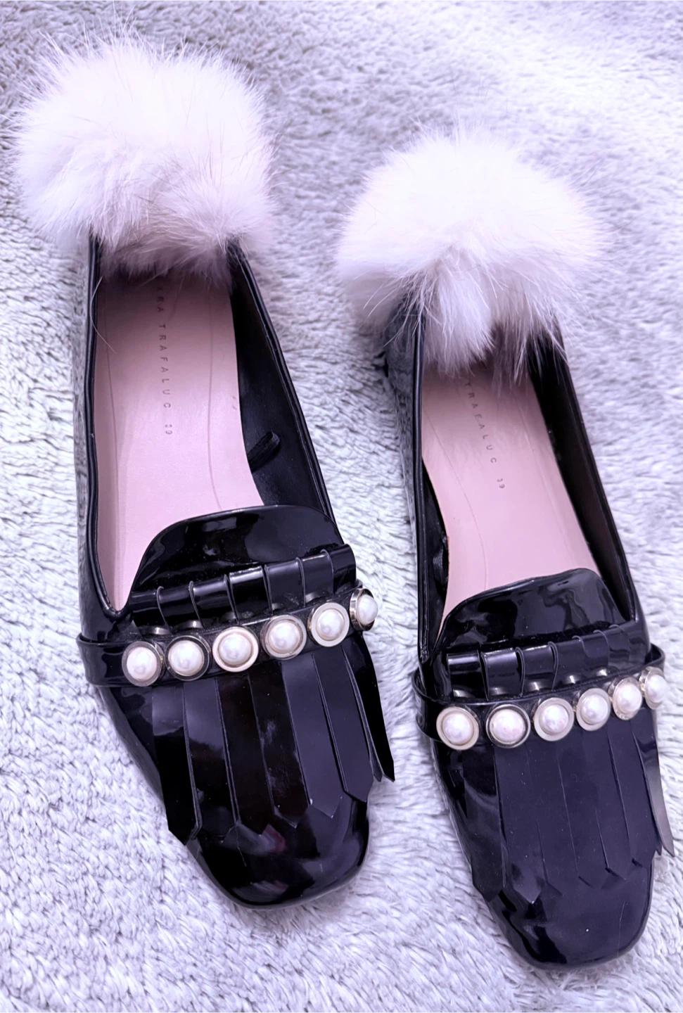 Zara Black Patent Loafers with Fur Pom Poms - Size 39 - photo 2