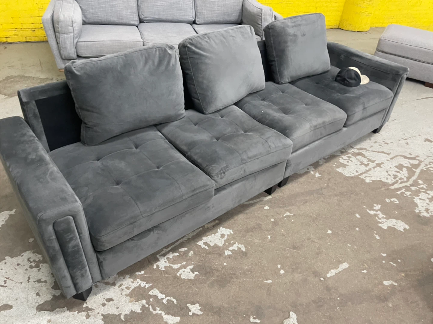 Gray Velvet Tufted Sofa