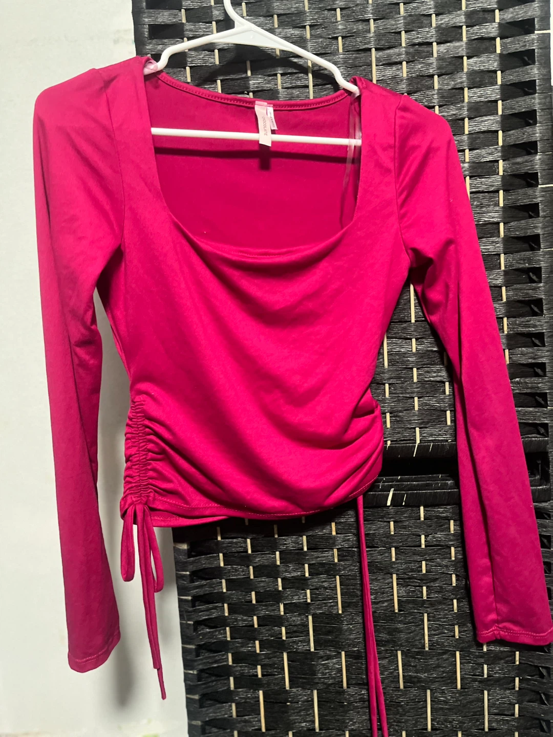 Hot Pink Ruched Drawstring Long Sleeve Top
